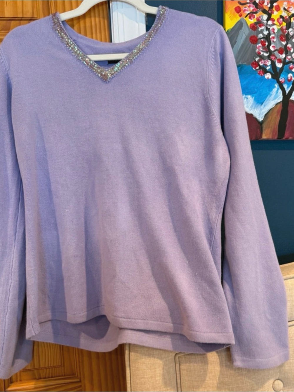 Carolyn Taylor Lavender V-Neck Beaded Accent Top